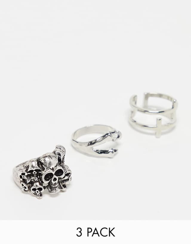 Bershka 3-pack skull rings in silver