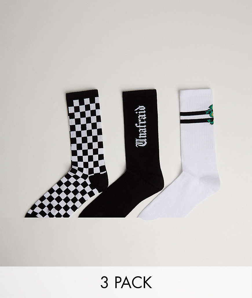 Bershka 3 pack socks in black and white-Multi