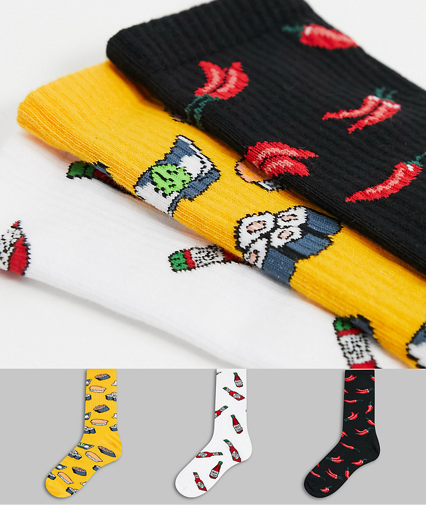 Bershka 3-pack socks with chilies and sushi prints in black