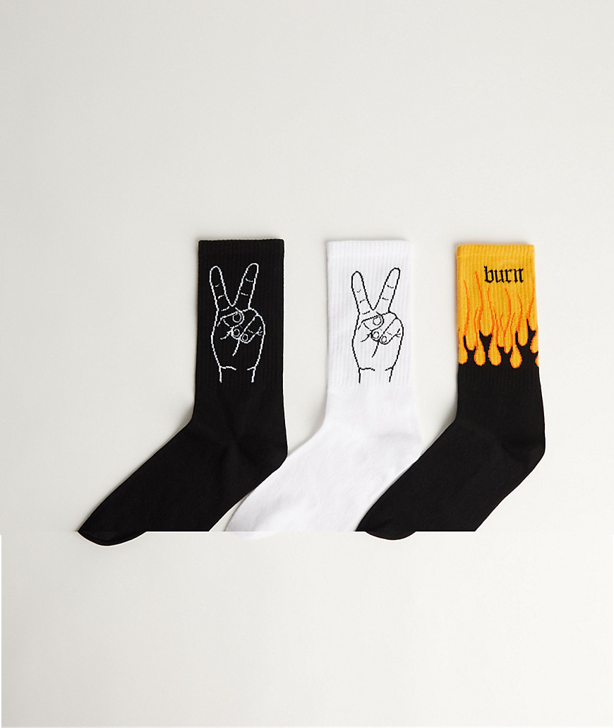 Bershka 3 pack socks with peace and fire print in black