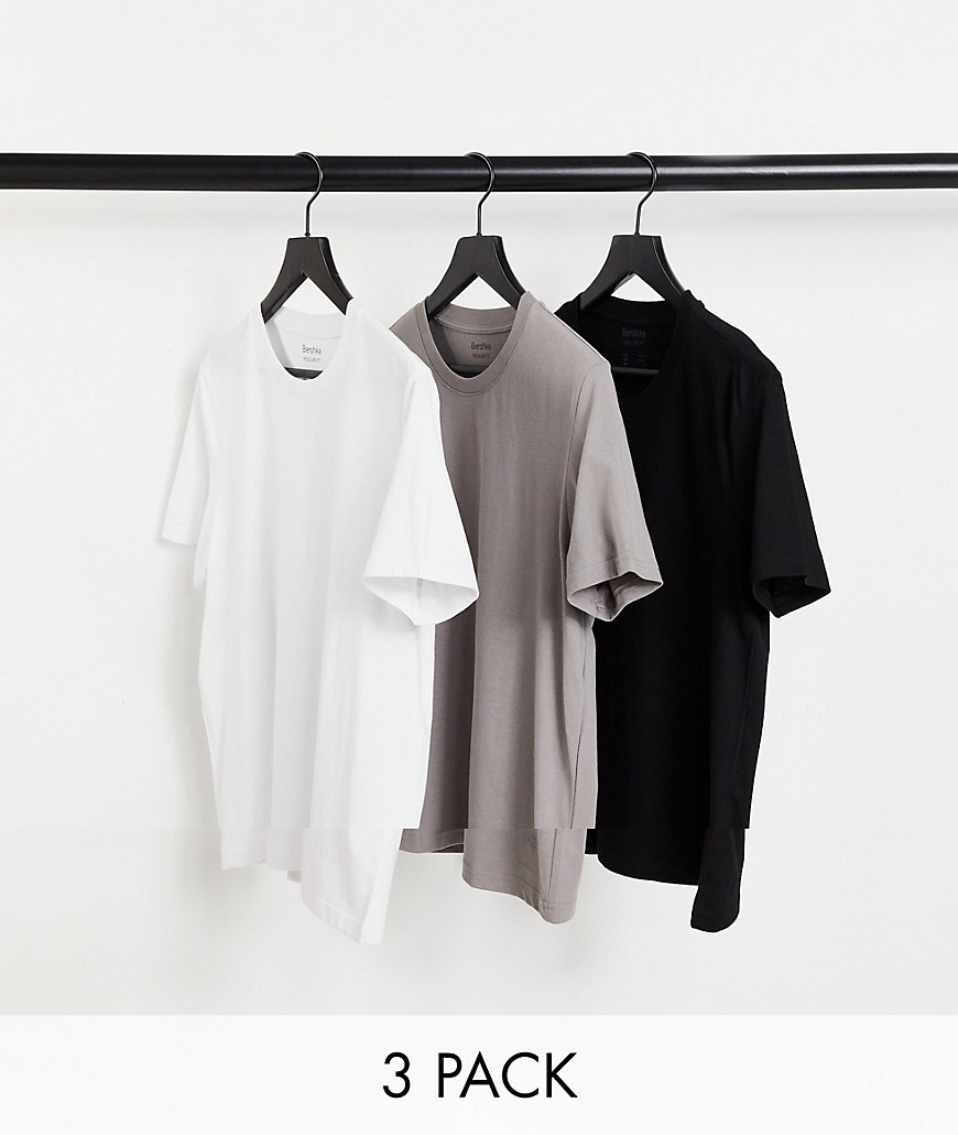 Bershka 3-pack T-shirts in black, white and gray-Multi