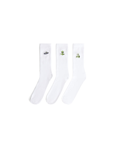 Bershka – 3er-Pack bestickte Socken in Weiß - view 1