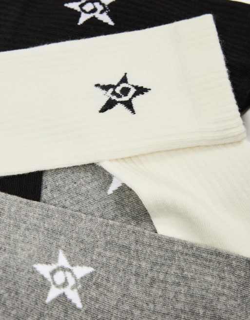 Bershka – 3er-Pack dreifarbige Socken in Hellgrau mit Sternmotiv, 3 von 3