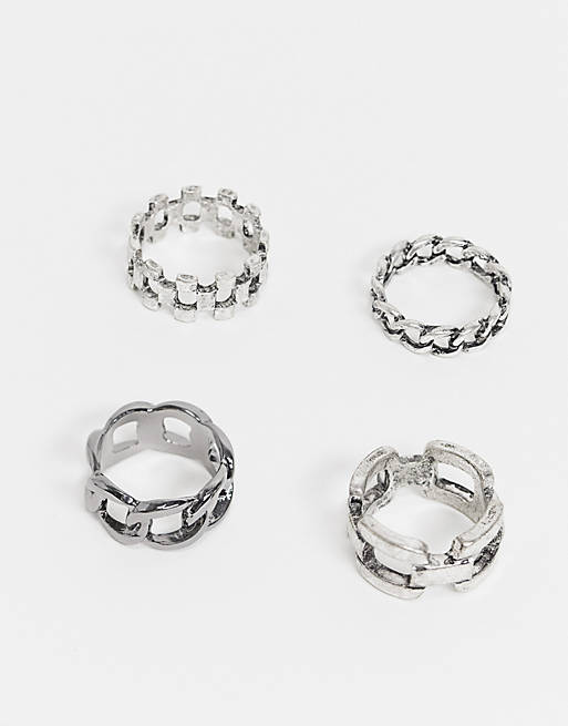 Bershka 4 pack chunky rings in silver