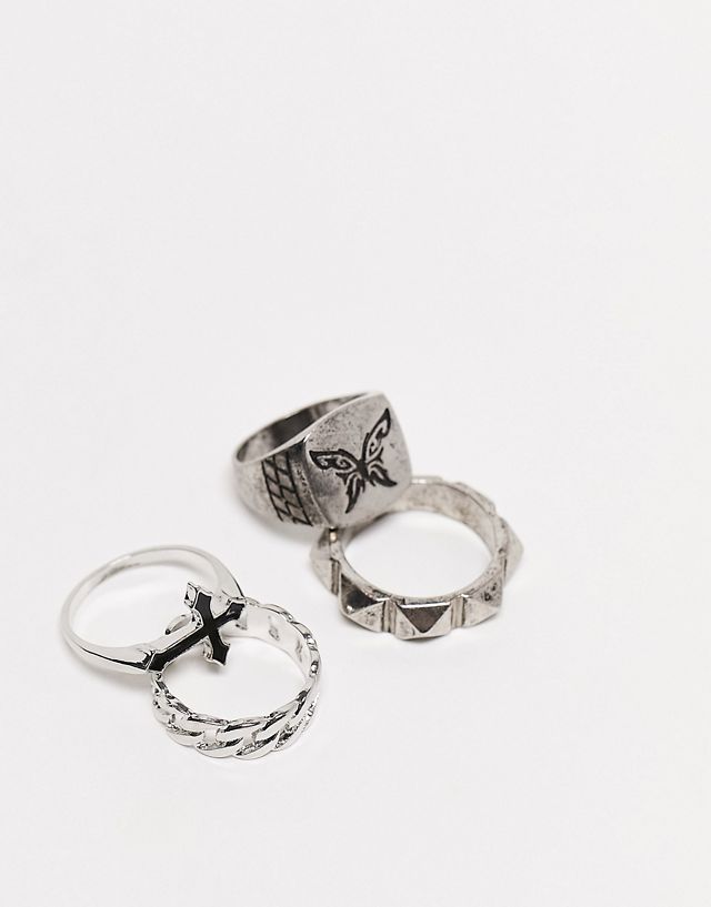 Bershka 4-pack cross and chain rings in silver