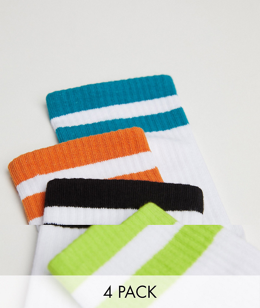 Bershka 4 pack socks with sports stripe in white/multi