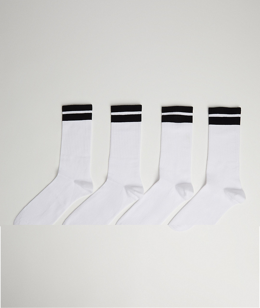 Bershka 4 pack socks with sports stripe in white