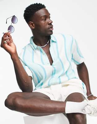 Bershka 70's printed shirt in blue - ASOS Price Checker