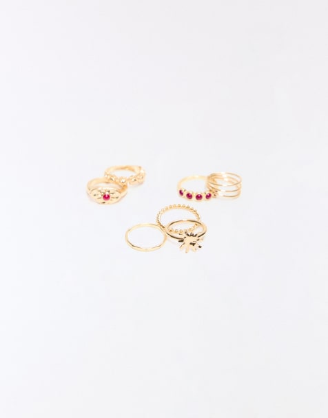 Bershka – 7er-Set Perlenringe in Goldoptik - view 1