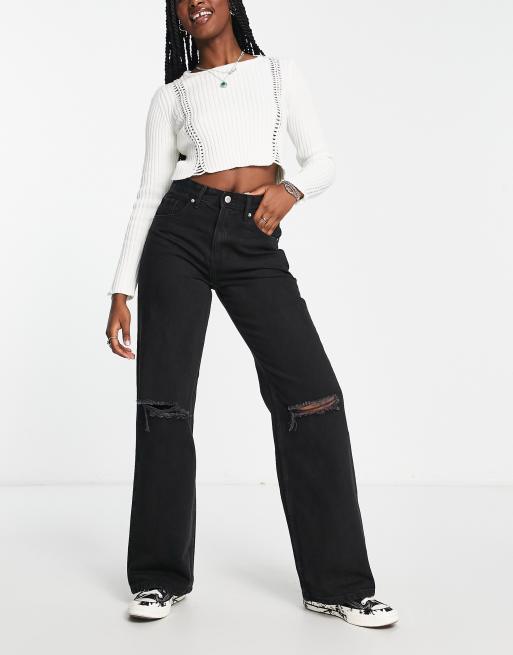 Bershka – 90er-Jeans in Schwarz mit weitem Bein und Rissen