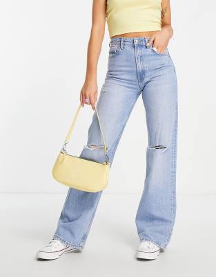 Bershka Patchwork Wide Leg Carpenter Jeans In Blue And Black-multi In Blue