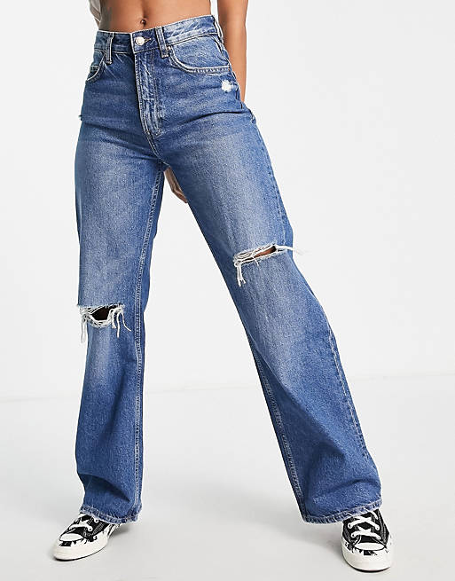 Multiplication Baffle Summon Bershka 90s clean wide leg jeans in mid blue | ASOS