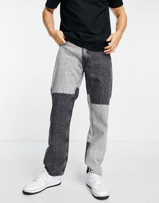 Bershka 90's fit patchwork jeans in grey