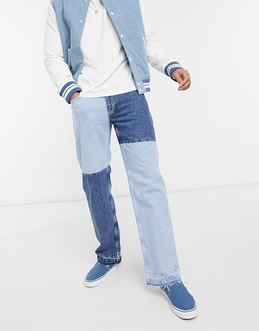 Bershka 90's fit patchwork jeans in light blue