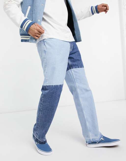 Bershka 90 s fit patchwork jeans in light blue