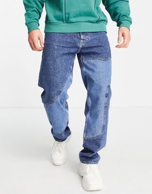 Bershka 90's fit swirl patchwork jeans in blue