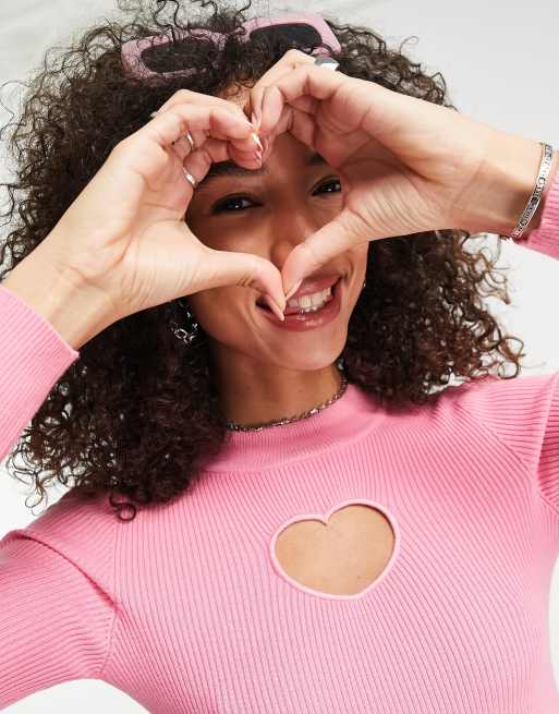 Bershka 90s heart detail cropped jumper in pink, 4 of 4