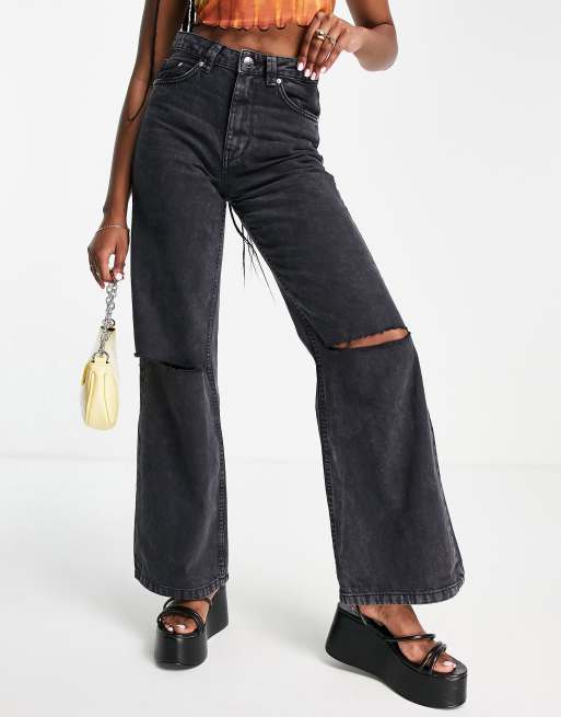 Bershka - 90's jeans med vida ben och knäreva i svart bomull - SVART, 3 av 4