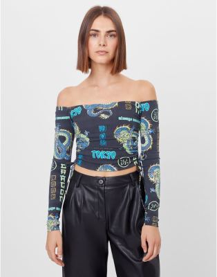 Bershka 90's Ruched Top In Dragon Print-multi In Multi