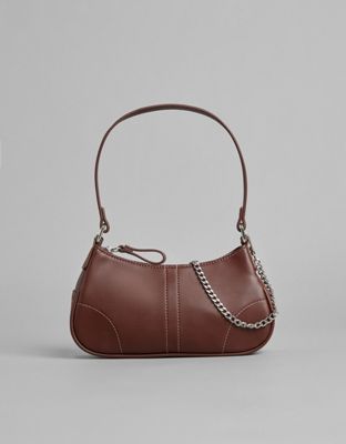 Bershka 90s shoulder bag with chain detail in chocolate brown