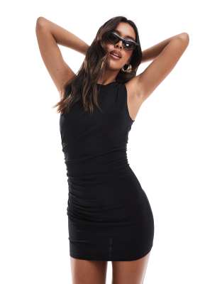 90s slash neck polyamide mini dress in black