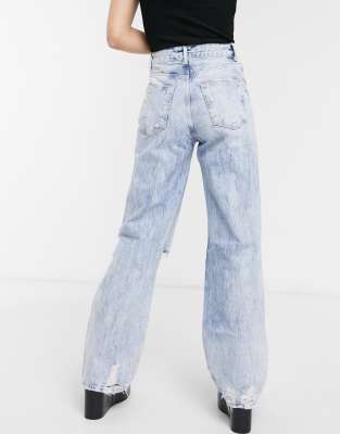 bershka 90's straight leg jeans with rips in light blue