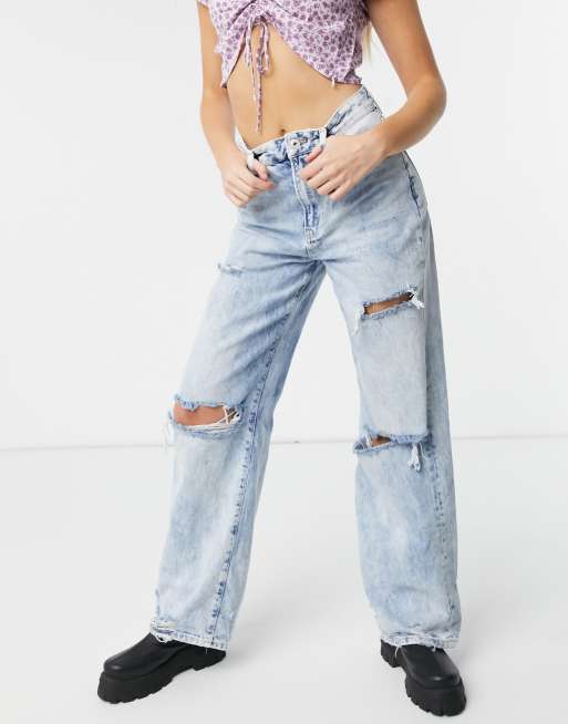 Papúa Nueva Guinea Nominación Ambientalista Bershka 90s wide leg jean with knee rip in blue | ASOS