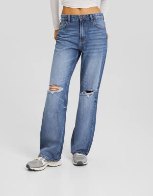 Bershka 90s Wide Leg Ripped Jeans In Indigo Wash-blue