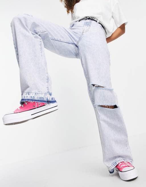 Bershka 90s wide-legged jean with rips in bleach blue wash