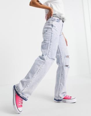 Bershka 90s wide-legged jean with rips in bleach blue wash | ASOS