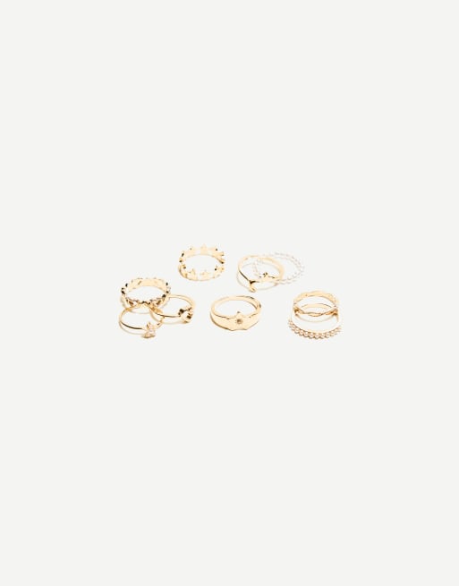 Bershka – 9er-Pack mit schmalen Ringen in Gold mit Perlen, 2 von 3