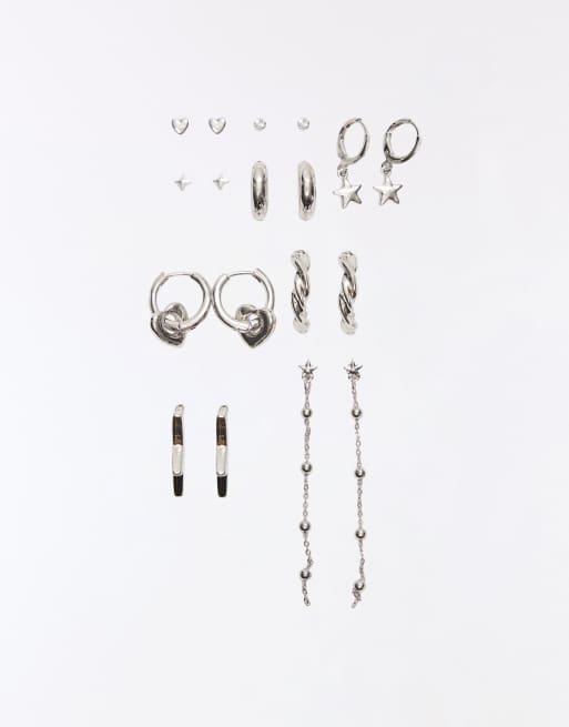 Bershka 9er-Pack sortierte Ohrringe in Silber, 2 von 4