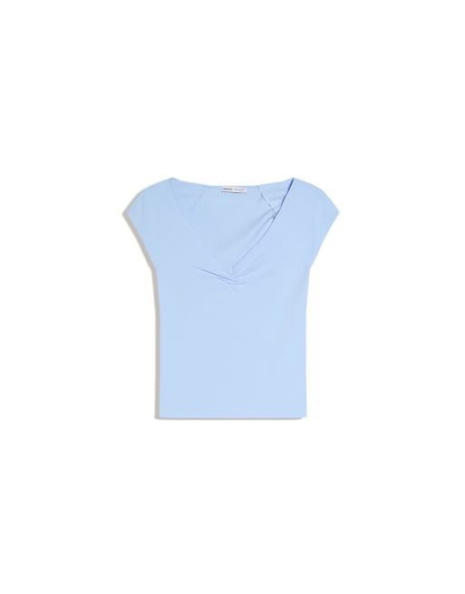 Bershka - Aangerimpeld T-shirt met korte mouwen in lichtgeel, 4 van 4