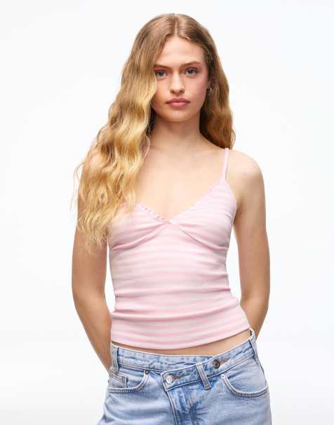 Bershka - Aangerimpelde gestreepte top met bandjes in roze - view 1