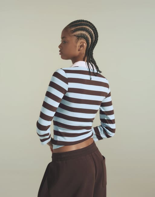 Bershka aansluitend gestreept poloshirt met lange mouwen in bruin, 2 van 6