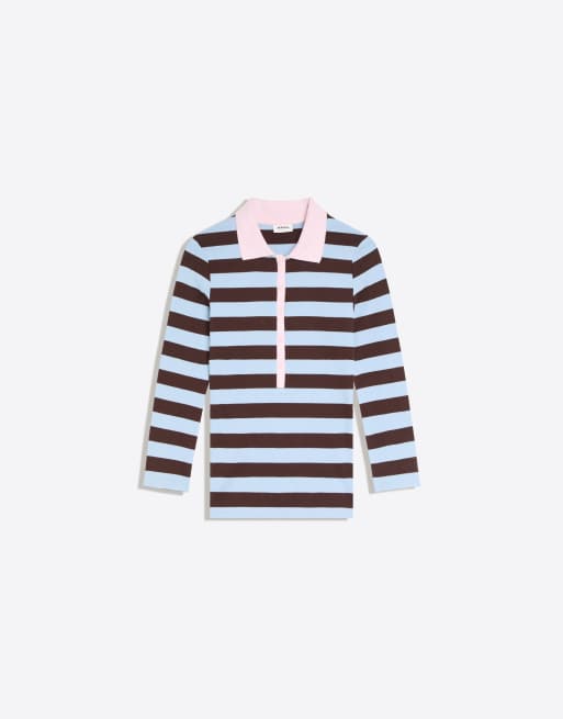 Bershka aansluitend gestreept poloshirt met lange mouwen in bruin, 4 van 6