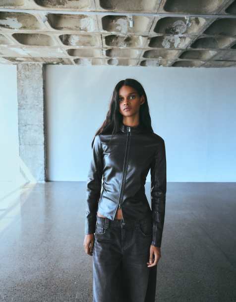 Bershka aansluitend overhemd met leerlook en rits in zwart - view 1