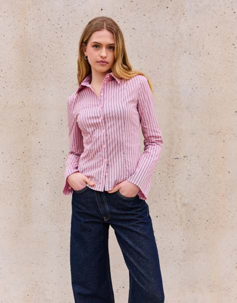 Bershka - Aansluitend overhemd met uitlopende mouwen in roze - view 1