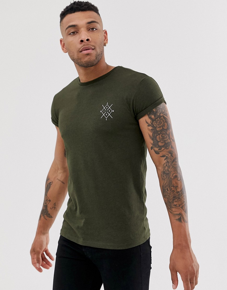 Bershka - Aansluitend T-shirt in kaki met print op de borst-Groen