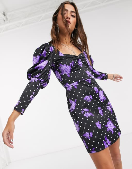 Bershka Abito nero a fiori e a pois con dettagli sulle spalle ASOS