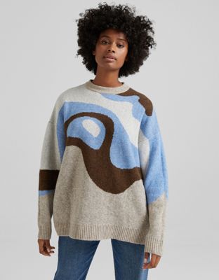 Bershka abstract print jumper in brown