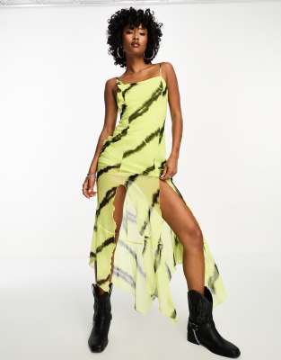 Bershka Abstract Ruffled Maxi Dress In Lime-green