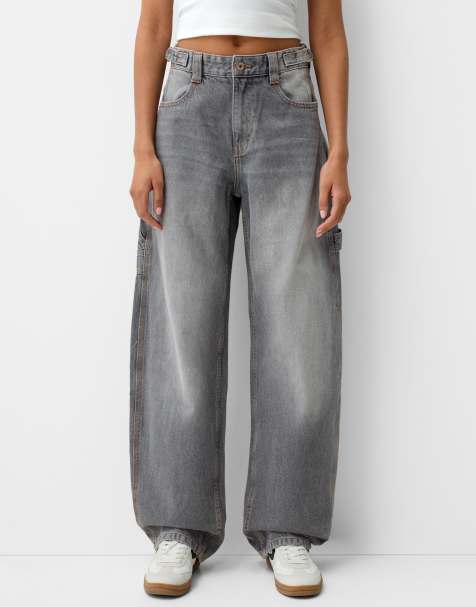 Bershka adjustable balloon fit carpenter jeans in light grey