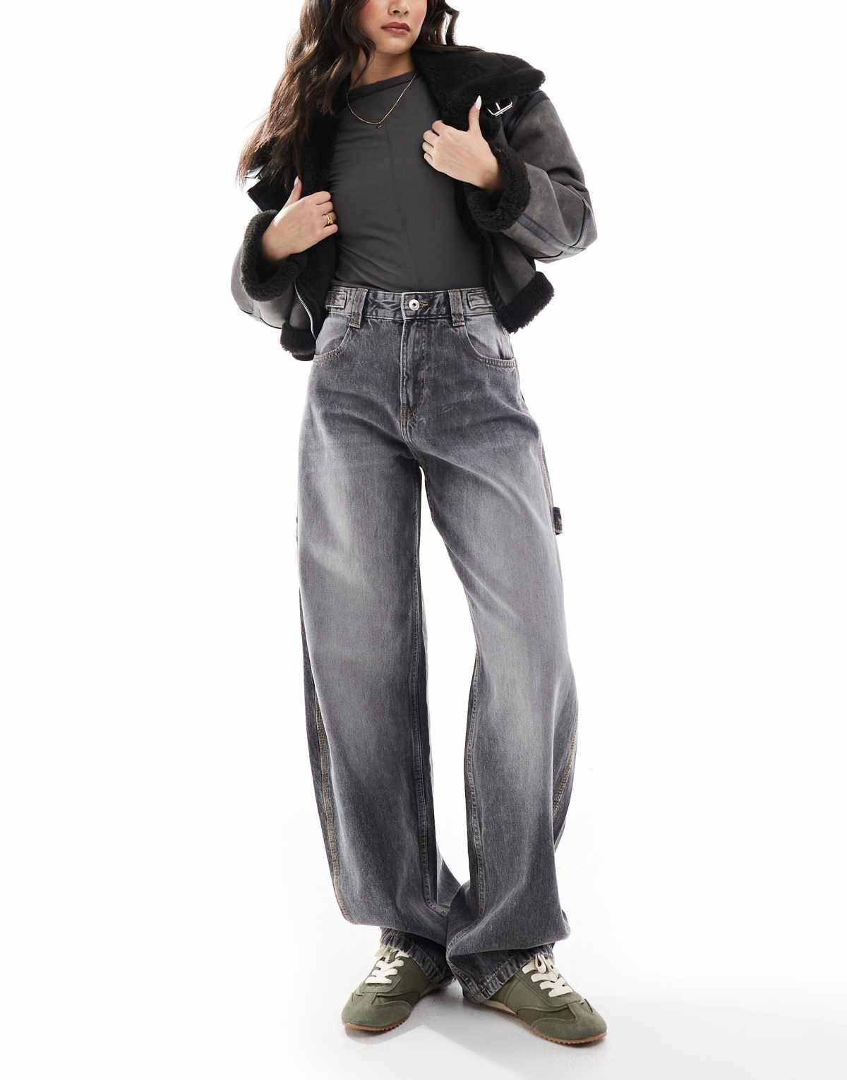 Bershka adjustable balloon fit carpenter jeans in light grey
