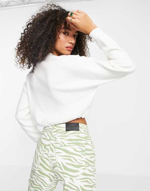 Bershka adjustable drawstring waist crop sweater in white