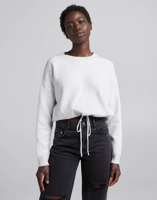 Bershka adjustable drawstring waist cropped sweater in gray heather