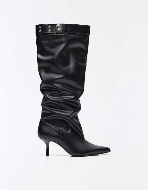 Bershka Adjustable slouchy heel boots in black, 3 of 7