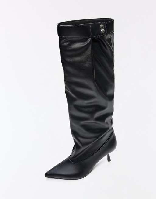 Bershka Adjustable slouchy heel boots in black, 6 of 7