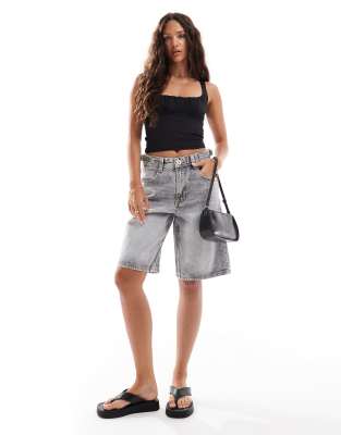 Bershka adjustable waist baggy longline shorts in grey