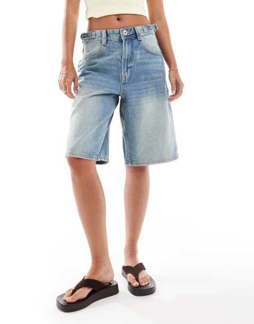 Bershka adjustable waist baggy longline shorts in mid blue
